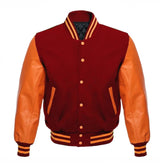 Red and Orange Varsity Jacket with Wool Body and Leather Sleeves