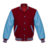 Red and Sky Blue Varsity Jacket with Wool Body and Leather Sleeves