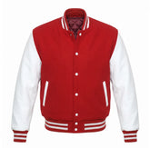 Red and White Varsity Jacket with Wool Body and Leather Sleeves