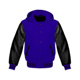 Royal Blue Wool and Black Leather Hooded Varsity Jacket