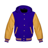 Royal Blue Wool and Gold Leather Hooded Varsity Jacket