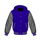 Royal Blue Wool and Grey Leather Hooded Varsity Jacket