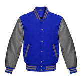 Royal Blue and Grey Varsity Jacket with Wool Body and Leather Sleeves