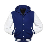 Royal Blue Wool and White Leather Hooded Varsity Jacket