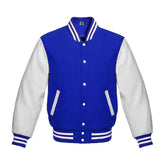 Royal Blue and White Varsity Jacket with Wool Body and Leather Sleeves