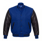 Royal Blue and Black Varsity Jacket with Wool Body and Leather Sleeves