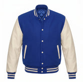 Royal Blue and Cream Varsity Jacket with Wool Body and Leather Sleeves