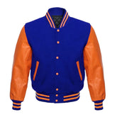 Royal Blue and Orange Varsity Jacket with Wool Body and Leather Sleeves