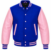 Royal blue melton wool varsity jacket with pink cowhide leather sleeves, front view