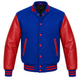 Royal blue melton wool letterman jacket with red leather sleeves, front view