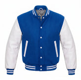 Royal Blue and White Varsity Jacket with Wool Body and Leather Sleeves