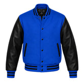 Royal Blue and Black Varsity Jacket with Wool Body and Leather Sleeves