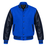 Royal Blue and Navy Varsity Jacket with Wool Body and Leather Sleeves