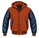 Rust and Navy Blue Varsity Jacket with Hood