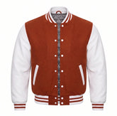 Rust and White Varsity Jacket with Wool Body and Leather Sleeves