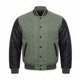 Sage Green and Black Varsity Jacket with Wool Body and Leather Sleeves