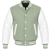 Sage green melton wool varsity jacket with white leather sleeves, front view