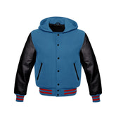 Sky Blue Wool and Black Leather Hooded Varsity Jacket