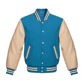 Sky Blue Wool and Cream Leather Varsity Jacket