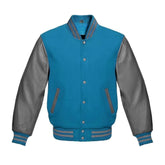 Sky Blue and Grey Varsity Jacket with Wool Body and Leather Sleeves