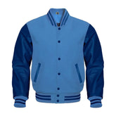 Sky Blue and Navy Varsity Jacket with Wool Body and Leather Sleeves