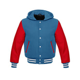 Sky Blue Wool and Red Leather Hooded Varsity Jacket