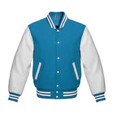 Sky Blue and White Varsity Jacket with Wool Body and Leather Sleeves