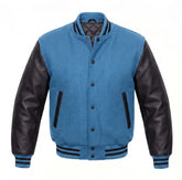 Sky Blue and Black Varsity Jacket with Wool Body and Leather Sleeves