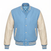 Sky Blue and Cream Varsity Jacket with Wool Body and Leather Sleeves