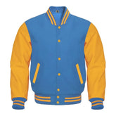 Sky Blue and Gold Varsity Jacket with Wool Body and Leather Sleeves