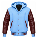 Sky Blue and Maroon Hooded Varsity Jacket