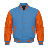 Sky Blue and Orange Varsity Jacket with Wool Body and Leather Sleeves