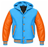 Sky Blue and Orange Varsity Jacket with Hood