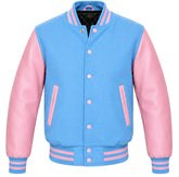 Sky blue melton wool varsity jacket with pink leather sleeves, front view