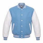 Sky Blue and White Varsity Jacket with Wool Body and Leather Sleeves