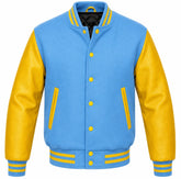 Sky blue wool varsity jacket with yellow cowhide sleeves, back view