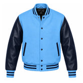 Sky Blue and Navy Varsity Jacket with Wool Body and Leather Sleeves