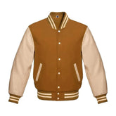 Tan Brown Wool and Cream Leather Varsity Jacket