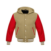 Tan Brown Wool and Red Leather Hooded Varsity Jacket
