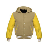 Tan Brown Wool and Yellow Leather Hooded Varsity Jacket