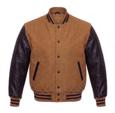 Tan Brown and Black Varsity Jacket with Wool Body and Leather Sleeves