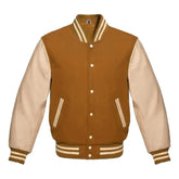 Tan Brown and Cream Varsity Jacket with Wool Body and Leather Sleeves