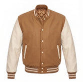 Tan Brown and Cream Varsity Jacket with Wool Body and Leather Sleeves