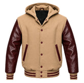 Tan Brown and Maroon Hooded Letterman Jacket
