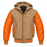 Tan Brown and Orange Hooded Varsity Jacket
