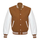 Tan Brown and White Varsity Jacket with Wool Body and Leather Sleeves