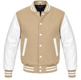 Tan melton wool varsity jacket with white leather sleeves, front view