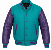 Teal melton wool varsity jacket with purple leather sleeves, front view