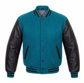 Teal and Black Varsity Jacket with Wool Body and Leather Sleeves