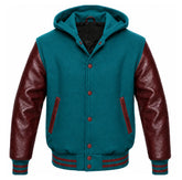 Teal and Maroon Varsity Jacket with Hood
